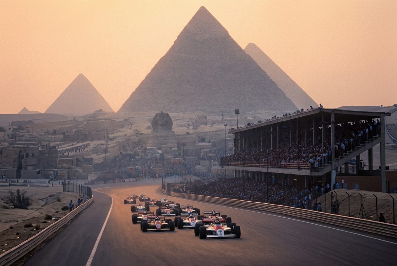 F1 cars racing past the pyramids